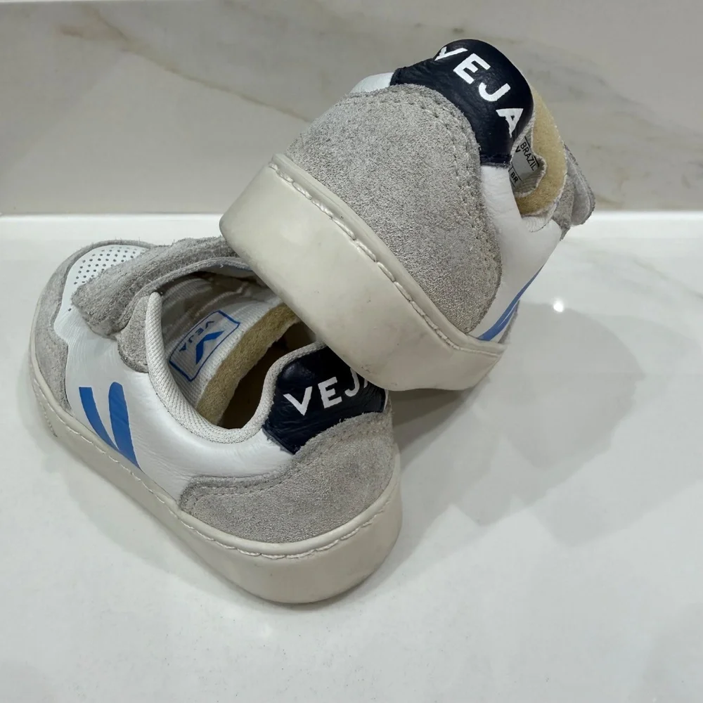 VEJA Kids Leather Sneakers White Gray Blue Velcro - Picture 5 of 7